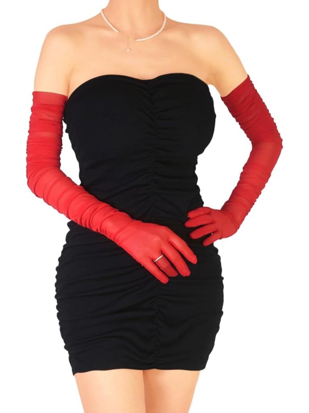 Women Red Ruched Sheer Mesh Tulle Extra Long Halloween Christmas Opera Gloves